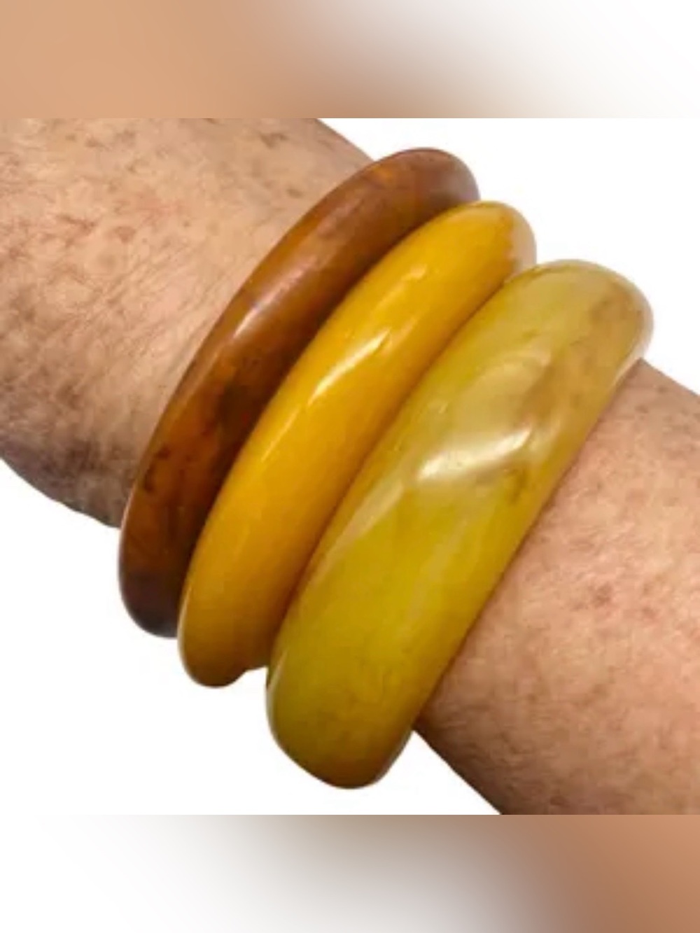 NEW NOIR 3 Piece Vintage-Inspired Yellow, Cream & Wood Brown Bangle Bracelet Set